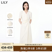 LILY2023秋新款女装温柔气质通勤高腰小白裙设计感垂坠V领连衣裙