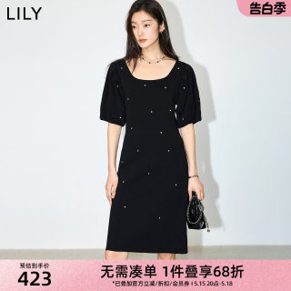 【小黑裙】LILY2024春新款女装气质通勤款复古百搭泡泡袖连衣裙女