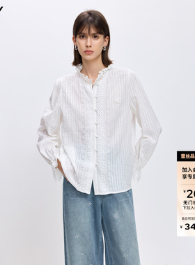 LILY2026春新款女装纯棉法式宫廷风立领上衣蕾丝衬衣白色长袖衬衫