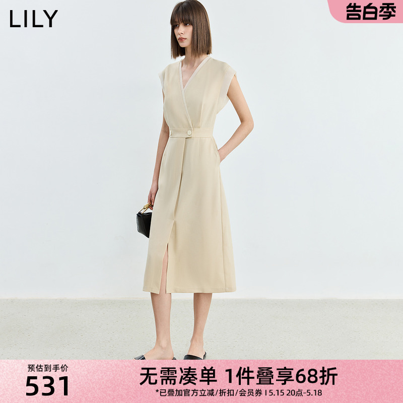 LILY2024夏季新品商务职场收腰显瘦通勤V领西装式连衣裙中长款