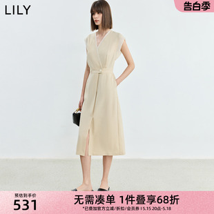 式 LILY2024夏季 商务职场收腰显瘦通勤V领西装 新品 连衣裙中长款