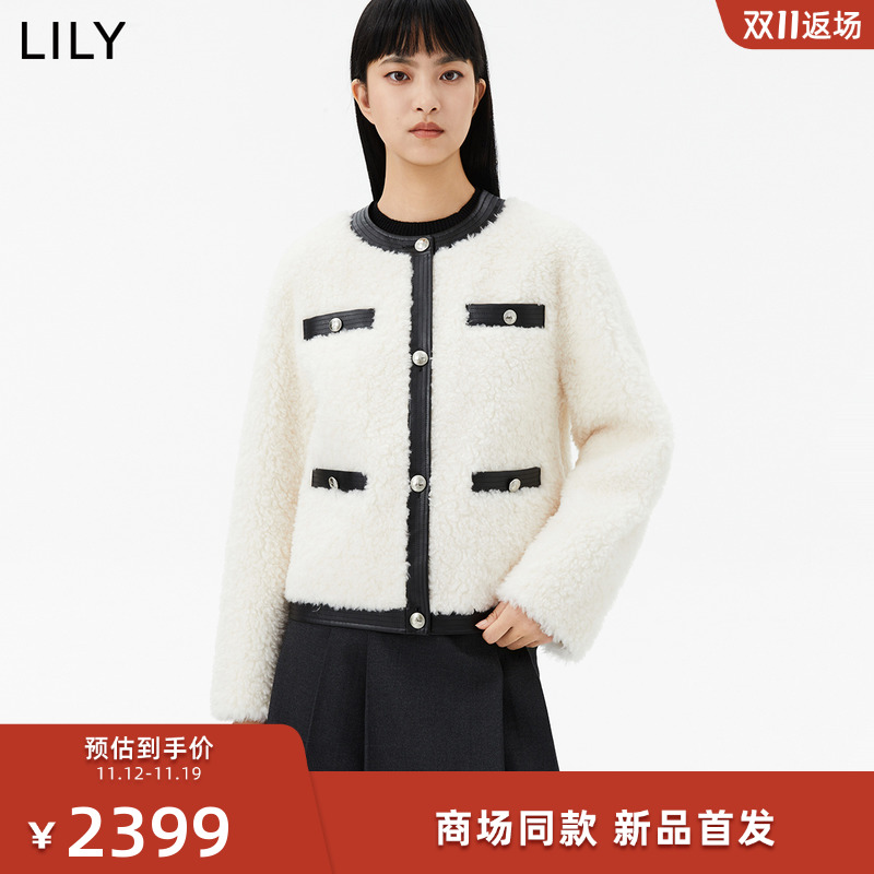 【商场同款】LILY2023冬新款女装全绵羊毛复古小香风仿皮草外套女