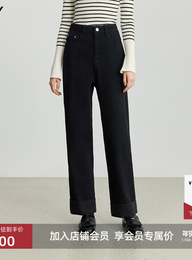 LILY2025冬新款复古简约经典弹力休闲通勤百搭黑色直筒裤女牛仔裤