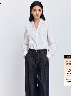 LILY2026春新款女装法式翻领V领蕾丝灯笼袖气质通勤白色衬衫外套