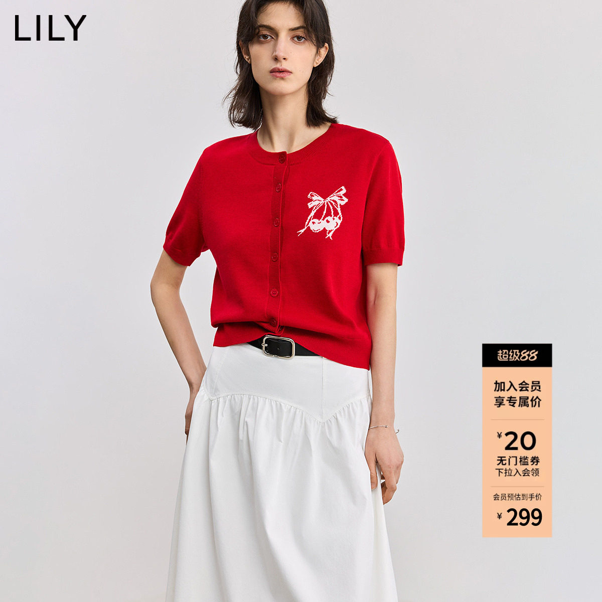 LILY2026新款女装甜美樱桃圆领红色短款小上衣轻薄短袖针织开