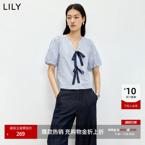 LILY通勤蝴蝶结棉麻短袖混纺衬衫
