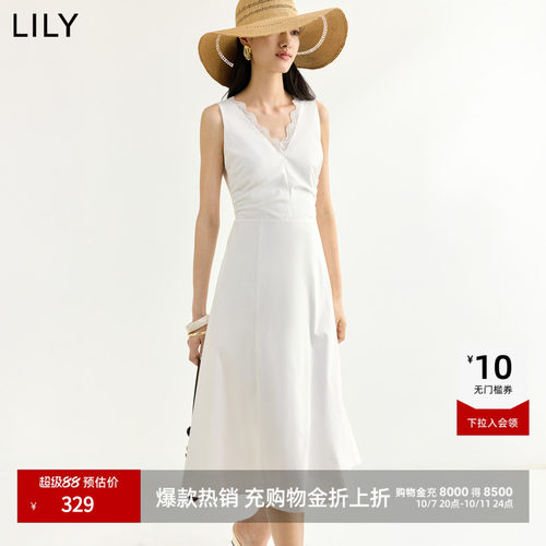 LILY通勤收腰蕾丝拼接无袖连衣裙