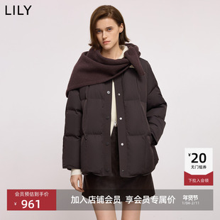 LILY2025冬新款女装含桑蚕丝复古含围巾圆领宽松90鸭绒羽绒服外套