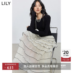 LILY2025冬新款法式醋酸高腰修身网纱连衣裙气质通勤蛋糕长裙女