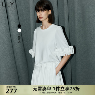 女装 设计感花卉袖 复古休闲通勤款 LILY2024夏新款 百搭五分袖 T恤衫