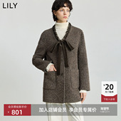 LILY2025冬新款 女装 羊毛羊驼毛混纺复古飘带领亮片双面呢毛呢外套