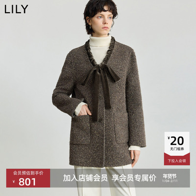 LILY羊毛混纺复古飘带毛呢外套