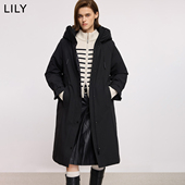 LILY2025冬新款 含羊毛醋酸抽绳连帽宽松通勤黑色羽绒服外套女长款