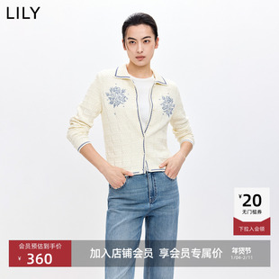 LILY2026春新款纯棉撞色绣花翻领休闲气质通勤白色针织开衫女短款