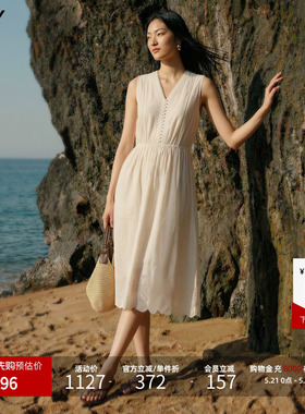 LILY2026夏新款女装纯棉法式V领镂空蕾丝绣花收腰白色无袖连衣裙