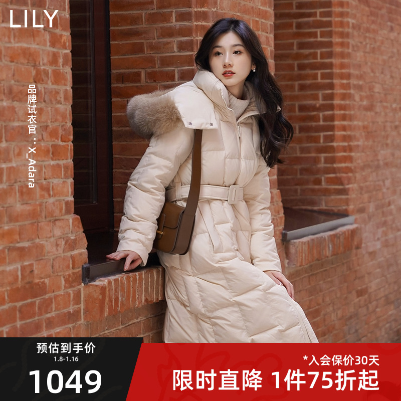 LILY2023冬新款女装连帽狐狸毛领白鸭绒直筒中长款羽绒服保暖外套