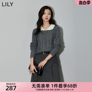 LILY2024春新款女装绵羊毛复古绞花时尚通勤别致拼色毛针织衫上衣