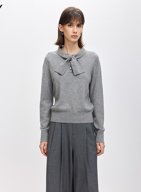 LILY2026春秋新款女装蝴蝶结气质休闲通勤灰色长袖针织衫毛衣上衣