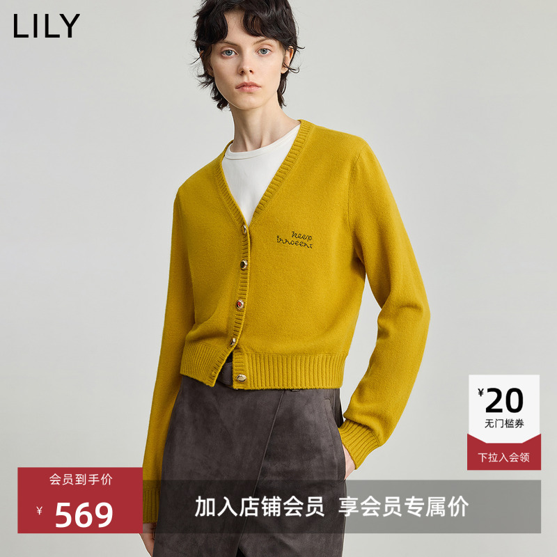 【100%羊毛】商场同款LILY2025冬新款撞色绣花V领针织开衫外套女