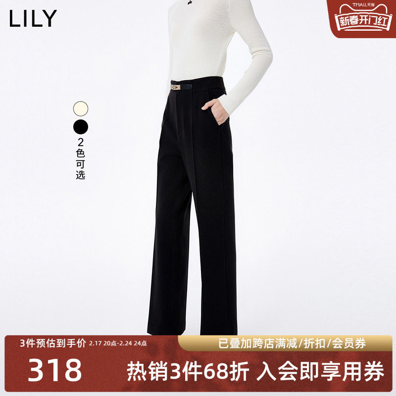 LILY2023冬新款女装通勤款别致腰扣显瘦高腰直筒阔腿西装裤休闲裤
