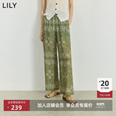 LILY2025新款 莱赛尔亚麻松弛度假复古波西米亚印花休闲直筒裤 女