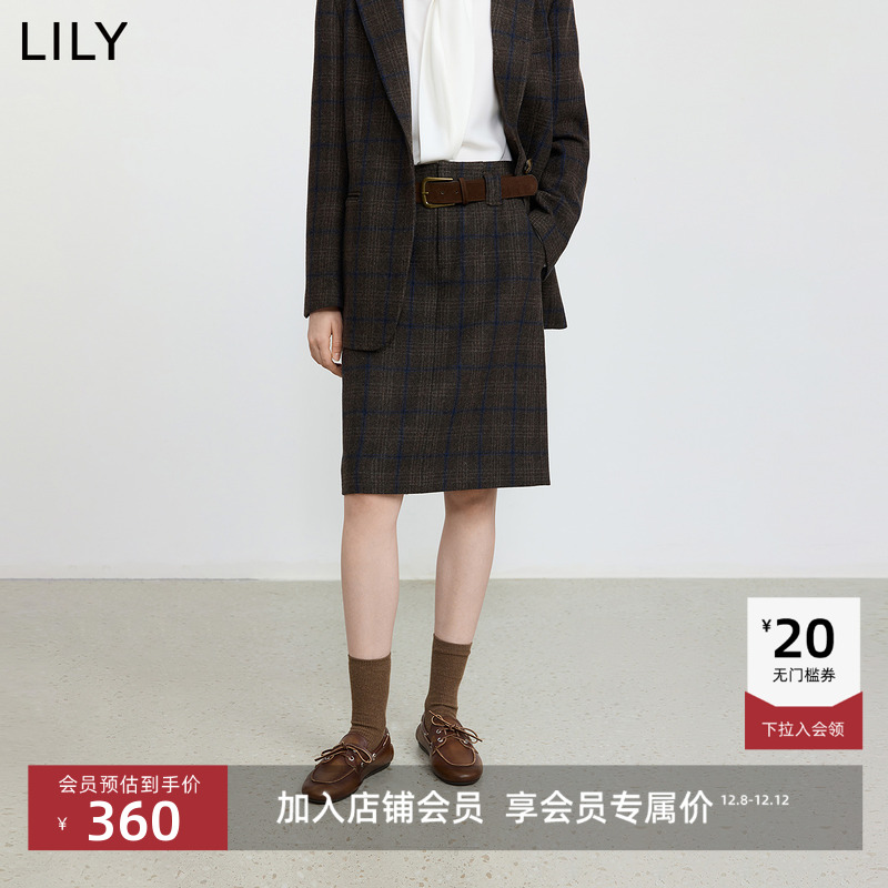 LILY羊毛混纺通勤格纹学院风半裙