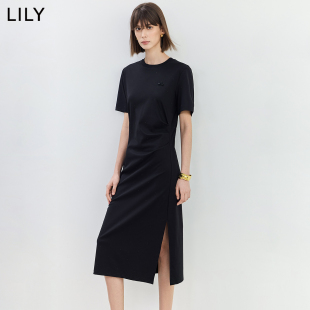 复古时尚 女装 LILY2025夏新款 条纹气质通勤抽褶连衣裙 商场同款