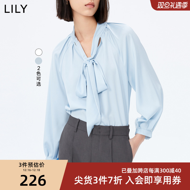 LILY2023秋新款女装优雅飘带光泽感飘带衬衫雪纺衫别致绝美小衫女