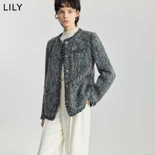 LILY2025冬新款女装格雷系羊毛混纺气质撞色小香风毛呢外套短款