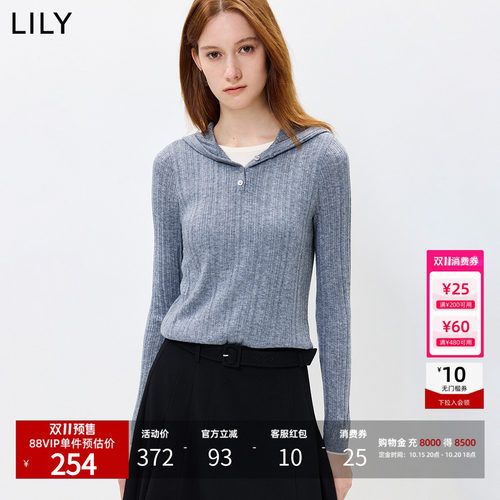 【天猫预售】LILY2026秋新款女装羊毛混纺格雷系半开襟套头针织衫