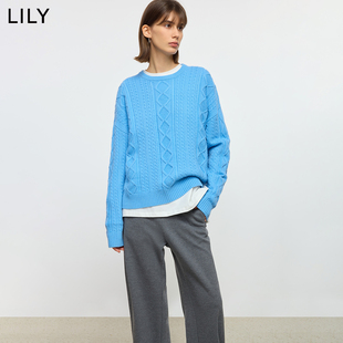 LILY2025冬新款含羊毛绞花软糯宽松通勤蓝色圆领套头针织衫毛衣女