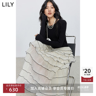 网纱连衣裙气质通勤蛋糕长裙女 醋酸高腰修身 LILY2025冬新款 法式