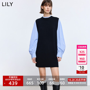 李沁代言LILY2026春秋复古拼接条纹气质通勤宽松直筒针织连衣裙女