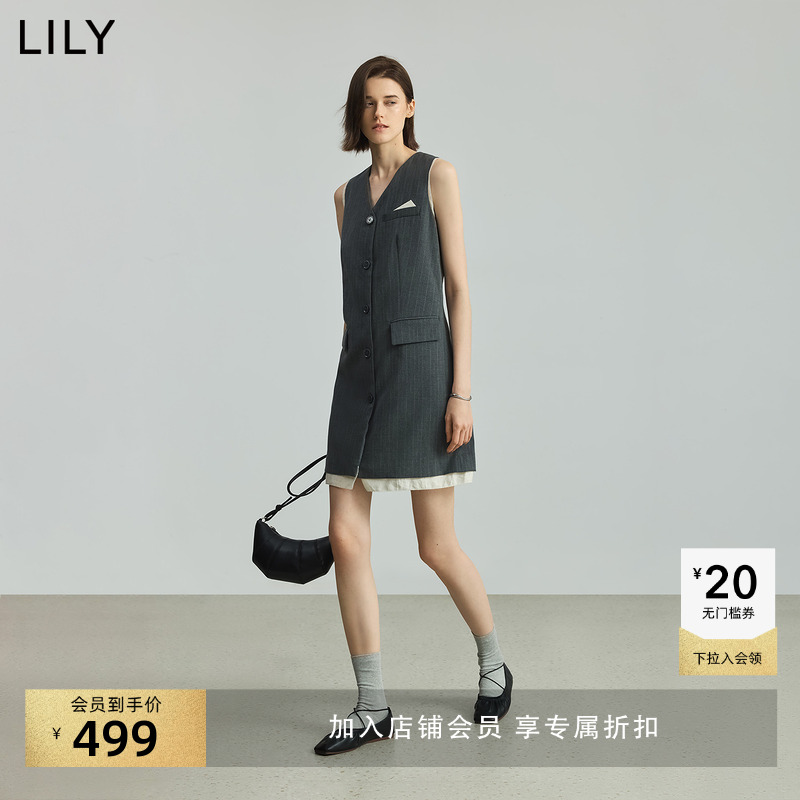 LILY无袖马甲拼接格雷背心连衣裙