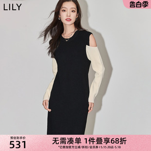 LILY2024春新款 连衣裙女小黑裙小个子女 设计感撞色内搭中长款 女装