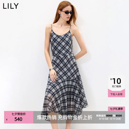 LILY2026秋新款女装复古U领撞色格纹印花垂感气质通勤吊带连衣裙