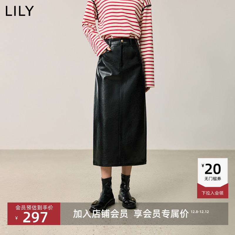 LILY极简风气质开叉直筒皮裙