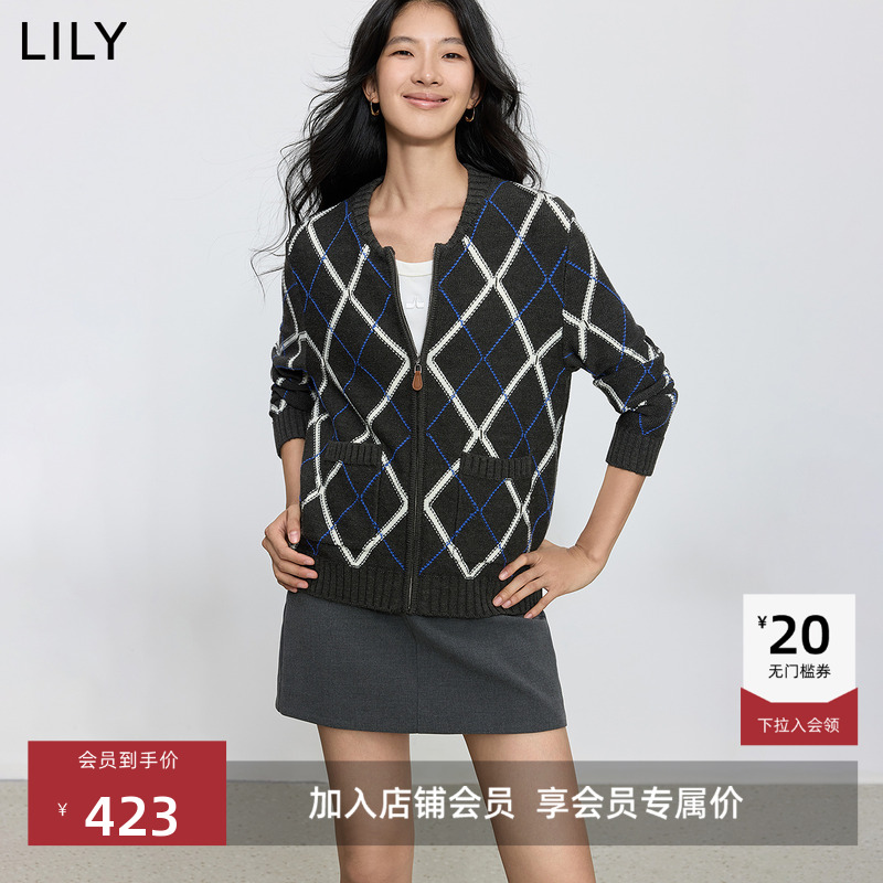 LILY撞色费尔岛格纹格雷针织开衫