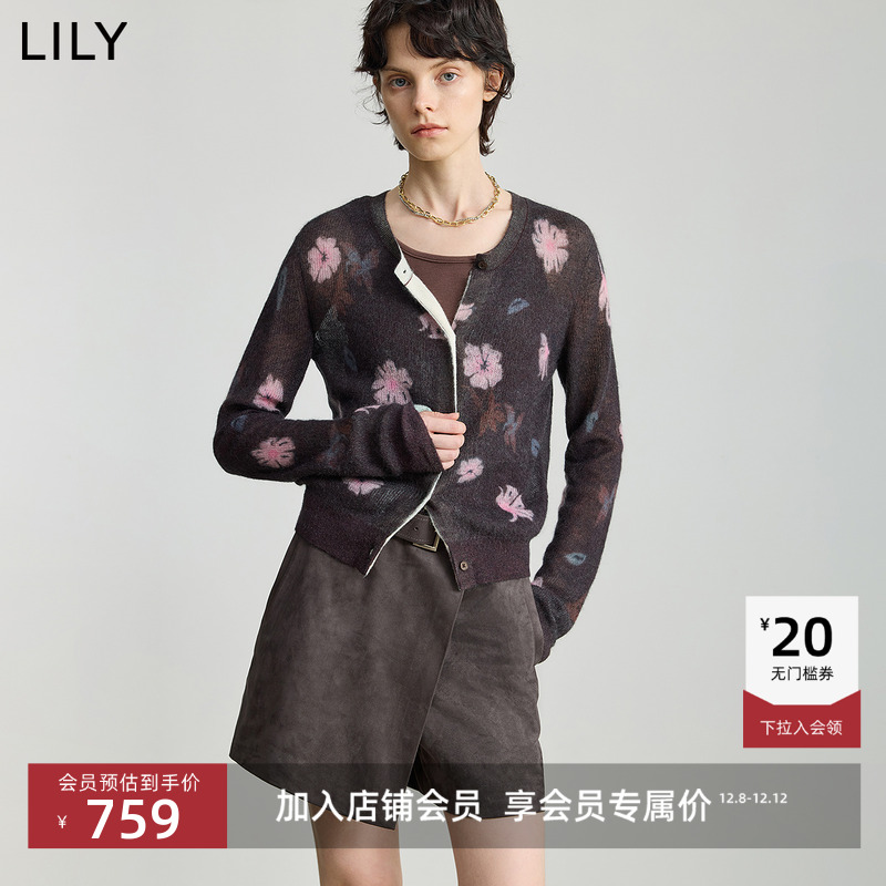 LILY新款羊毛混纺印花针织开衫