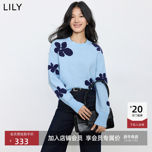 LILY2025新款 圆领毛衣女 含羊毛浪漫气质通勤立体提花蓝色针织衫