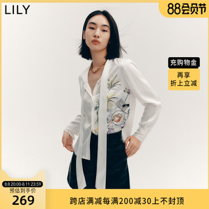 LILY2022秋新款女装优雅气质印花浪漫飘带舒适宽松垂感长袖雪纺衫