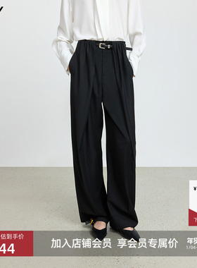 LILY2025冬新款含羊毛复古立体褶皱通勤黑色休闲直筒阔腿裤西裤女