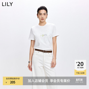 T恤 欧若风撞色刺绣珠片正肩休闲通勤白色短袖 LILY2026春新款 女装