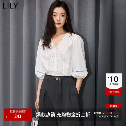 LILY通勤法式花边泡泡袖雪纺衫