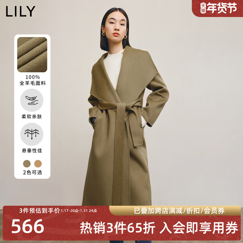 LILY新款女装气质保暖全绵羊毛通勤款宽松长款毛呢大衣外套