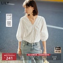 套头雪纺衬衫 LILY初秋新款 掐腰蕾丝白色上衣泡泡短袖 全棉法式 女装