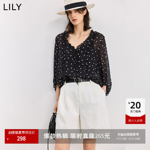 LILY2026夏新款女装经典法式复古波点宽松休闲套头上衣黑色雪纺衫