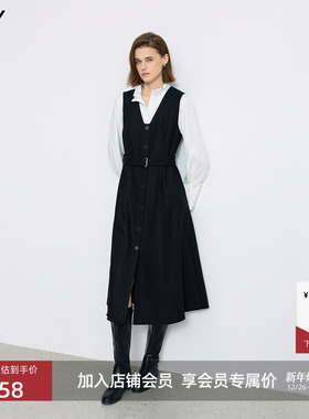 LILY2025冬新款羊毛混纺经典气质V领腰带黑色背心连衣裙百褶裙女