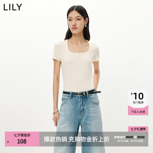 LILY通勤方领收腰百搭纯色短袖