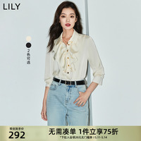 LILY2024夏新款女装浪漫花边领垂坠感光泽显瘦收腰短款雪纺衫衬衫